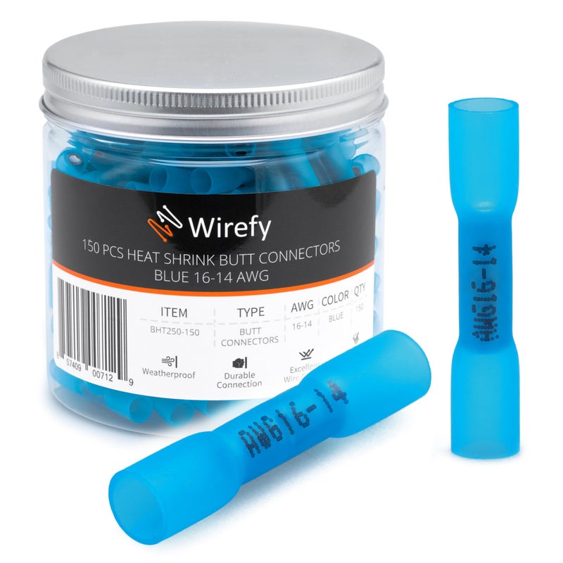 Wirefy 150 PCS Heat Shrink Butt Connectors Blue 16-14 AWG - Marine Grade Butt Connectors - Wire Butt Splice Connectors - Electrical Waterproof Heat Shrink Butts - Image 1