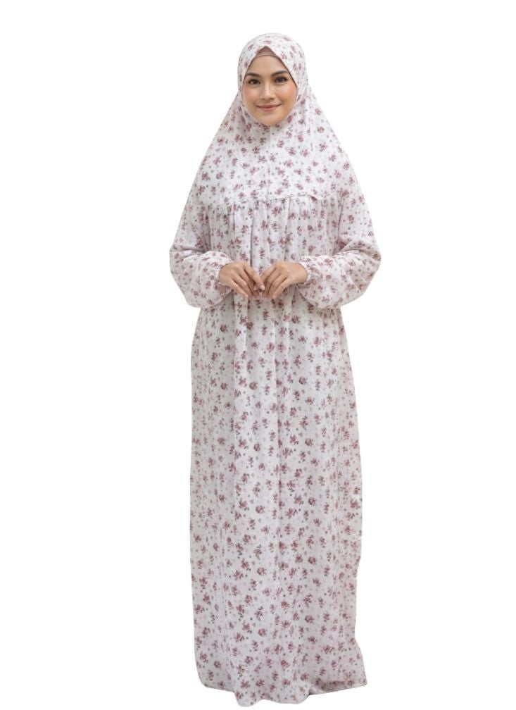 بريميم فستان صلاة أبيض مطبوع عليه زهور - عباية ناعمة محتشمة بنقشة زهور وردية - Image 1
