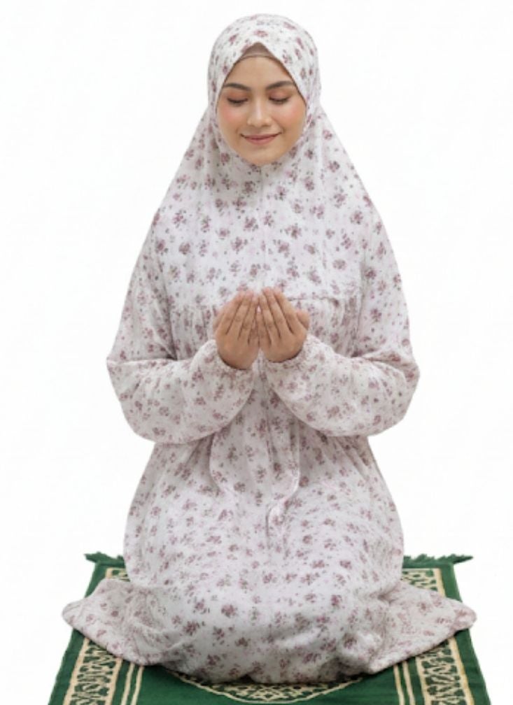 بريميم فستان صلاة أبيض مطبوع عليه زهور - عباية ناعمة محتشمة بنقشة زهور وردية - Image 2