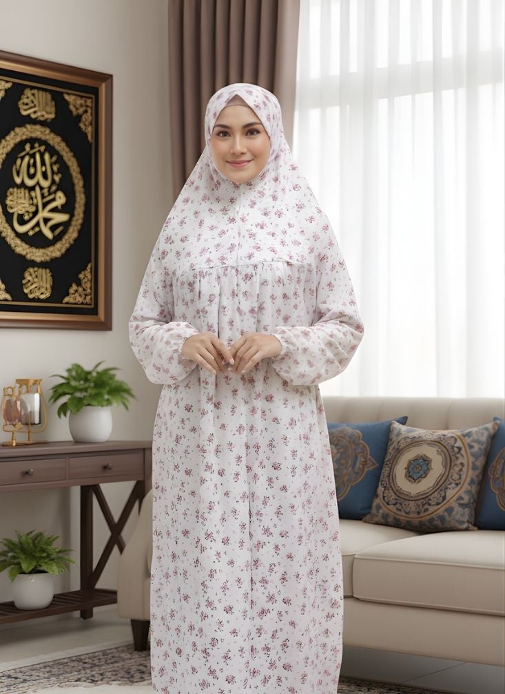 بريميم فستان صلاة أبيض مطبوع عليه زهور - عباية ناعمة محتشمة بنقشة زهور وردية - Image 3