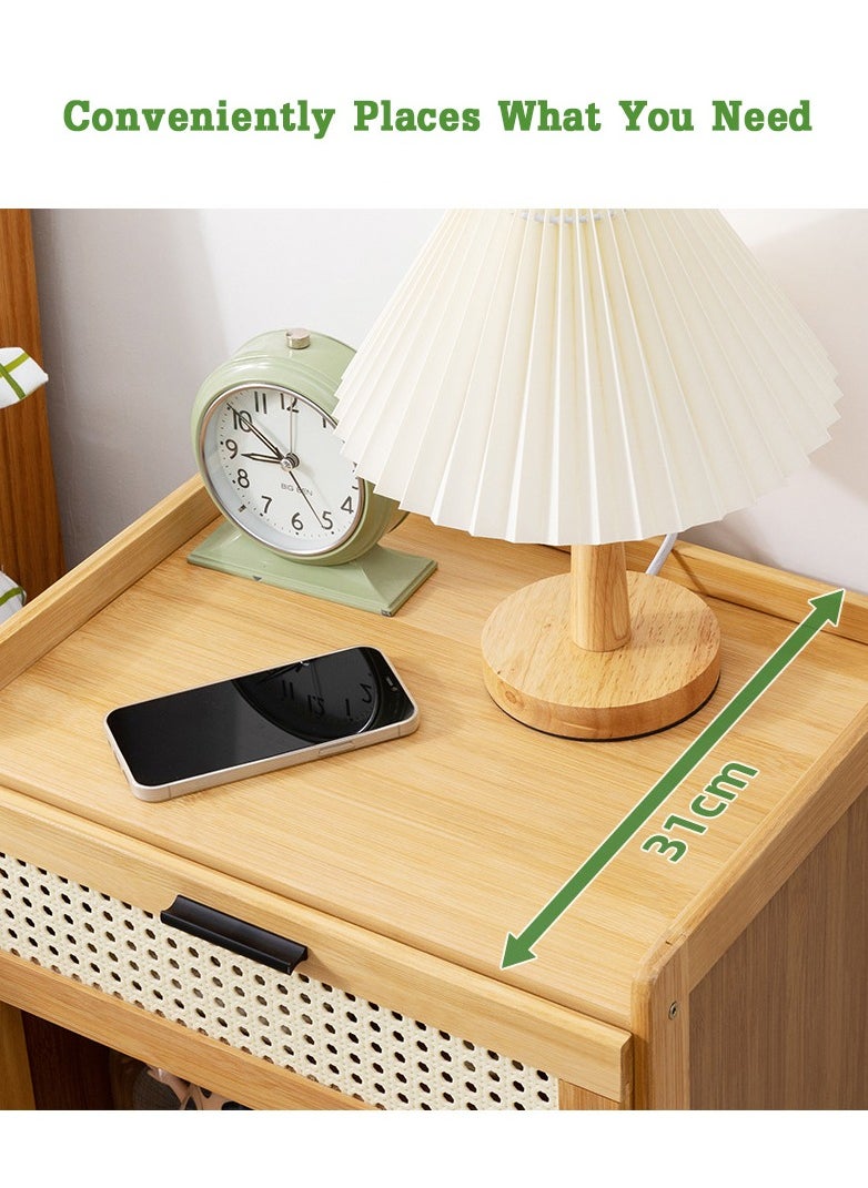 Hihonor - Nightstand with Drawer Boho Modern End Table, 20" Bamboo Sofa Side Table Bedside Table for Small Space, Accent Side Table Chest of Drawers for Bedroom Living Room - Image 1