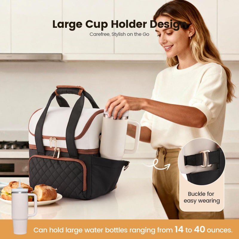 LOVEVOOK Insulated Lunch Bag For Women,Large Double Deck Adult Lunch Box,Teacher Lunch Tote Bag With Cup Holder,Leakproof Cooler Bag With Adjustable Shoulder Strap For Work Picnic Beach - Image 2