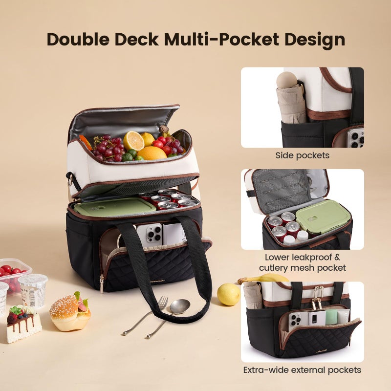 LOVEVOOK Insulated Lunch Bag For Women,Large Double Deck Adult Lunch Box,Teacher Lunch Tote Bag With Cup Holder,Leakproof Cooler Bag With Adjustable Shoulder Strap For Work Picnic Beach - Image 4