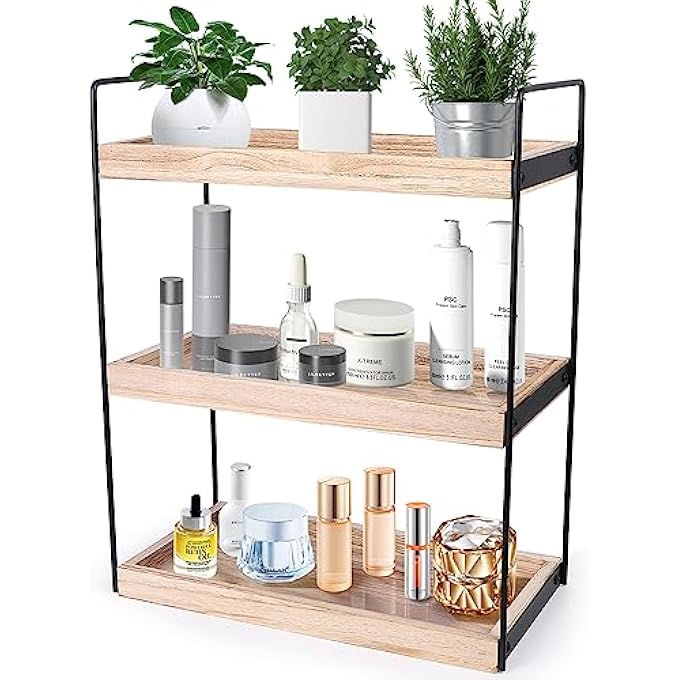Kmise 3 Tier Bathroom Counter Shelf  Vanity Organizer With Coffee Bar Storage Light Brown - Image 1
