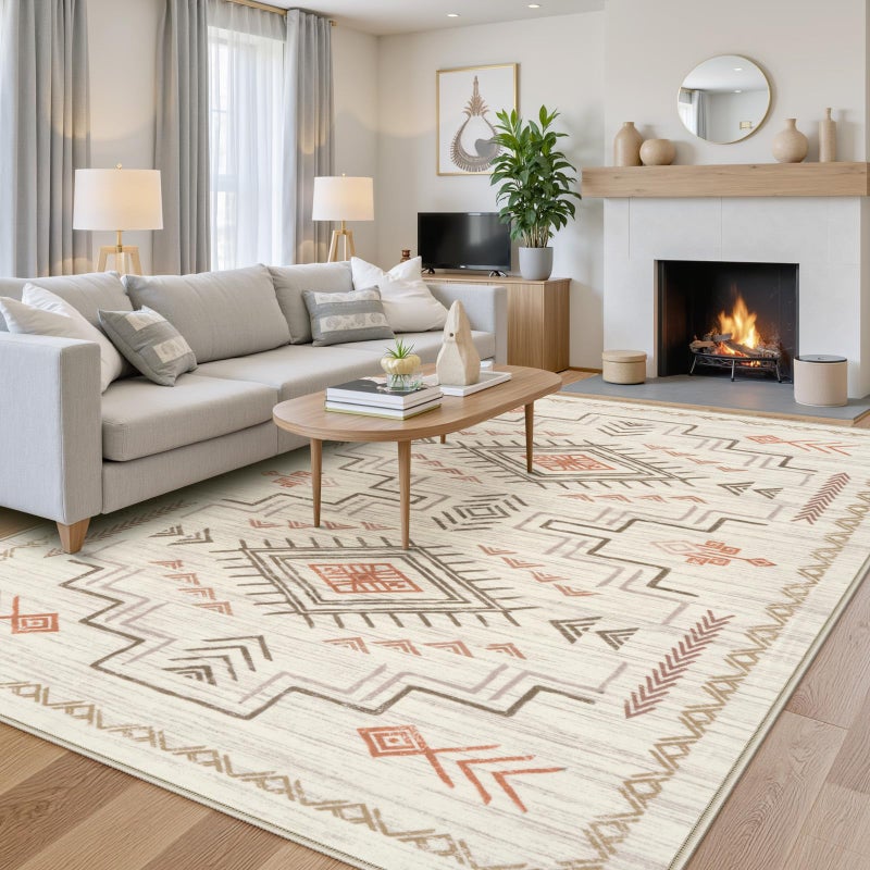 STARUIA Washable 8x10 Area Rug for Living Room, Beige Western Aztec Tribal Moroccan Area Rug, Boys Neutral Rug for Bedroom, Soft Non-Slip Non-Shedding Large Carpet Under Dining Table Home Office - Image 1