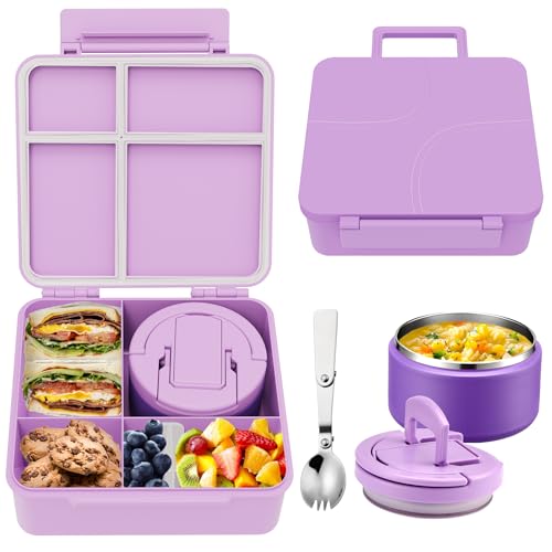 MAXSO Bento Lunch Box Set for Kids with 8 oz Soup Thermo Leakproof Hot Food Container with 4 Compartments Insulated Food Jar for Toddler Daycare Boys Girls School Purple