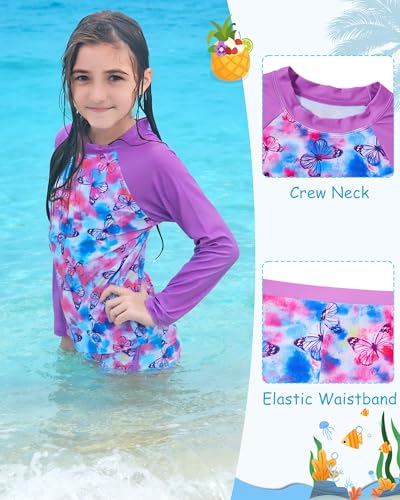 TUONROAD Girl's Rash Guard 2-Piece Swimsuit Set Teens 5 6 Yrs Old Butterflies Printed O Neck Long Sleeve Bikini with UPF 50+ Sun Protection for Pool Party Size 5 6 Dark Pink - Image 2
