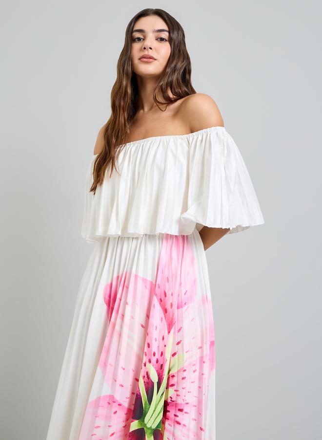 Styli White Floral Off Shoulder A-Line Midi Dress - Image 2
