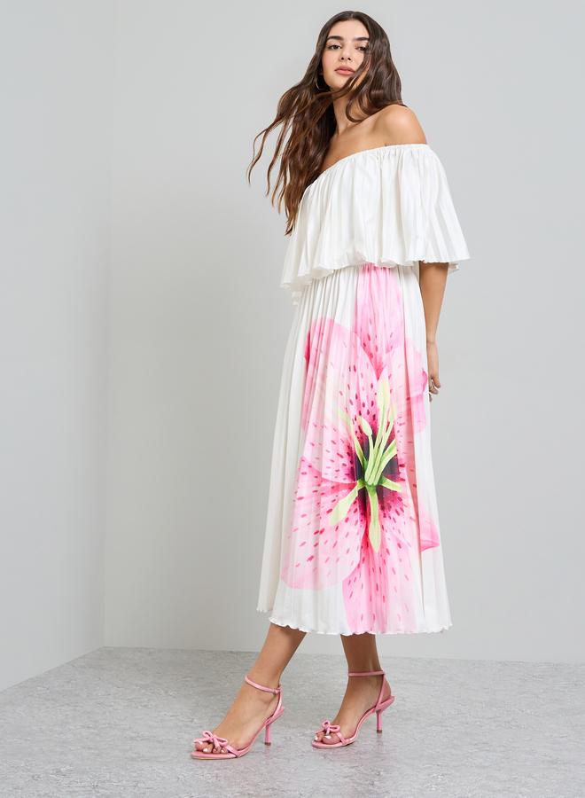 Styli White Floral Off Shoulder A-Line Midi Dress - Image 1