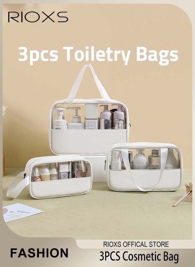 RIOXS 3 Pcs Clear Cosmetic Bag, Waterproof Toiletry Bag, Toiletry Travel Bag with Zipper Handle, Make-up Brush Case Bag for Women Men, Daily Wash Poach for Kids Baby, Beach Pool Spa Gym Bag for Bath Organizer Bag for Travel Toiletries Accessories, White Storage Bags Set - Image 1