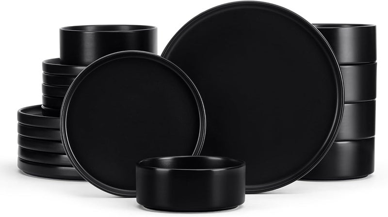 E-far Efar Black Dinnerware Sets for 6 18Piece Stoneware Plates and Bowls Dish Set Modern Kitchen Dinning Dishware Chip and Scratch Resistant Microwave  Dishwasher Safe Matte Black - Image 1