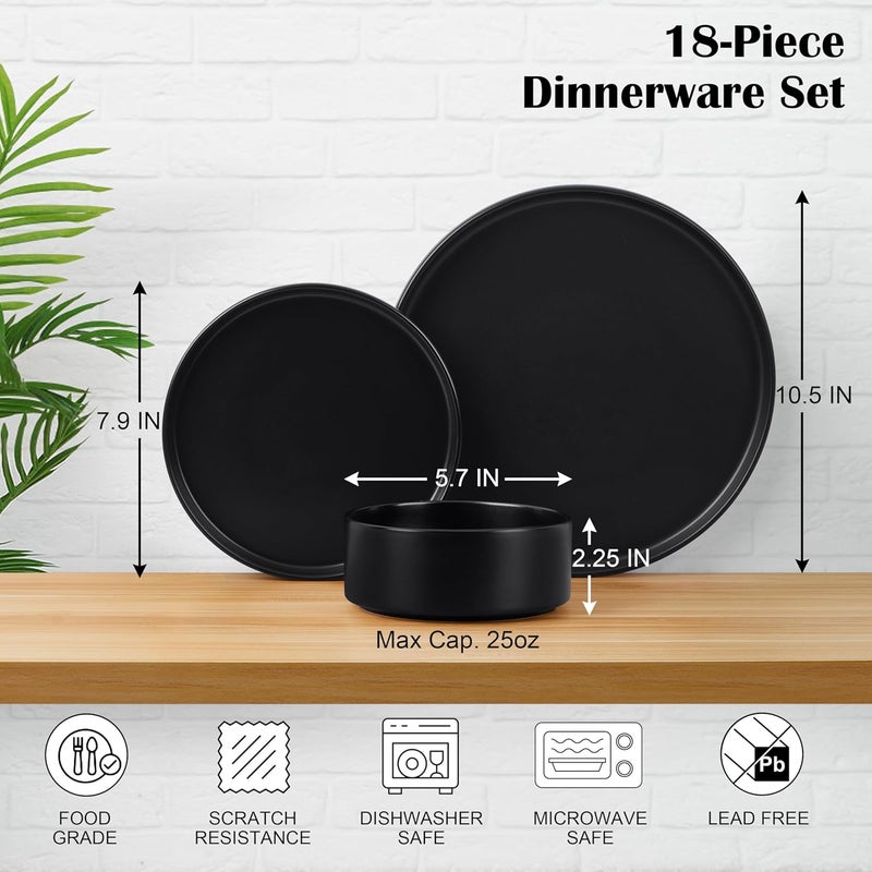 E-far Efar Black Dinnerware Sets for 6 18Piece Stoneware Plates and Bowls Dish Set Modern Kitchen Dinning Dishware Chip and Scratch Resistant Microwave  Dishwasher Safe Matte Black - Image 2