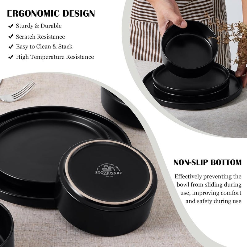 E-far Efar Black Dinnerware Sets for 6 18Piece Stoneware Plates and Bowls Dish Set Modern Kitchen Dinning Dishware Chip and Scratch Resistant Microwave  Dishwasher Safe Matte Black - Image 5