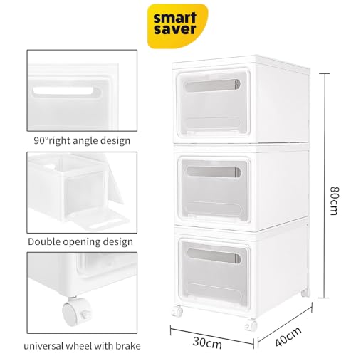 Smart Saver Plastic Stackable Storage Bin - 3 Tier - Collapsible Crates with Wheels - White - Modern Minimalist - 41 cm x 31 cm x 75 cm - Image 3