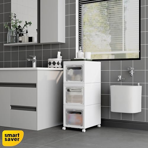 Smart Saver Plastic Stackable Storage Bin - 3 Tier - Collapsible Crates with Wheels - White - Modern Minimalist - 41 cm x 31 cm x 75 cm - Image 5
