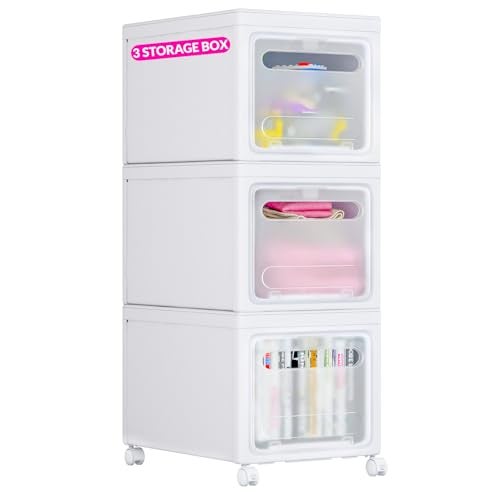 Smart Saver Plastic Stackable Storage Bin - 3 Tier - Collapsible Crates with Wheels - White - Modern Minimalist - 41 cm x 31 cm x 75 cm - Image 1