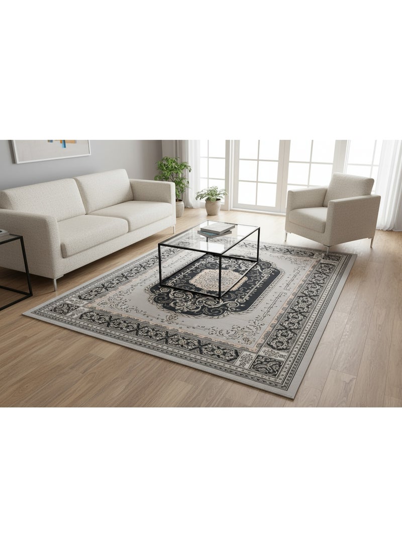 Noon East Carpet Rug with Anti- Slip backing | Persian Legacy Design  - Black | Size - 160x230 cm - 5x7.5 ft | For Medium Sized Family room, Bedroom with queen beds, 4-6 seater Dinning area, Entry hallways & Foyers - Image 3