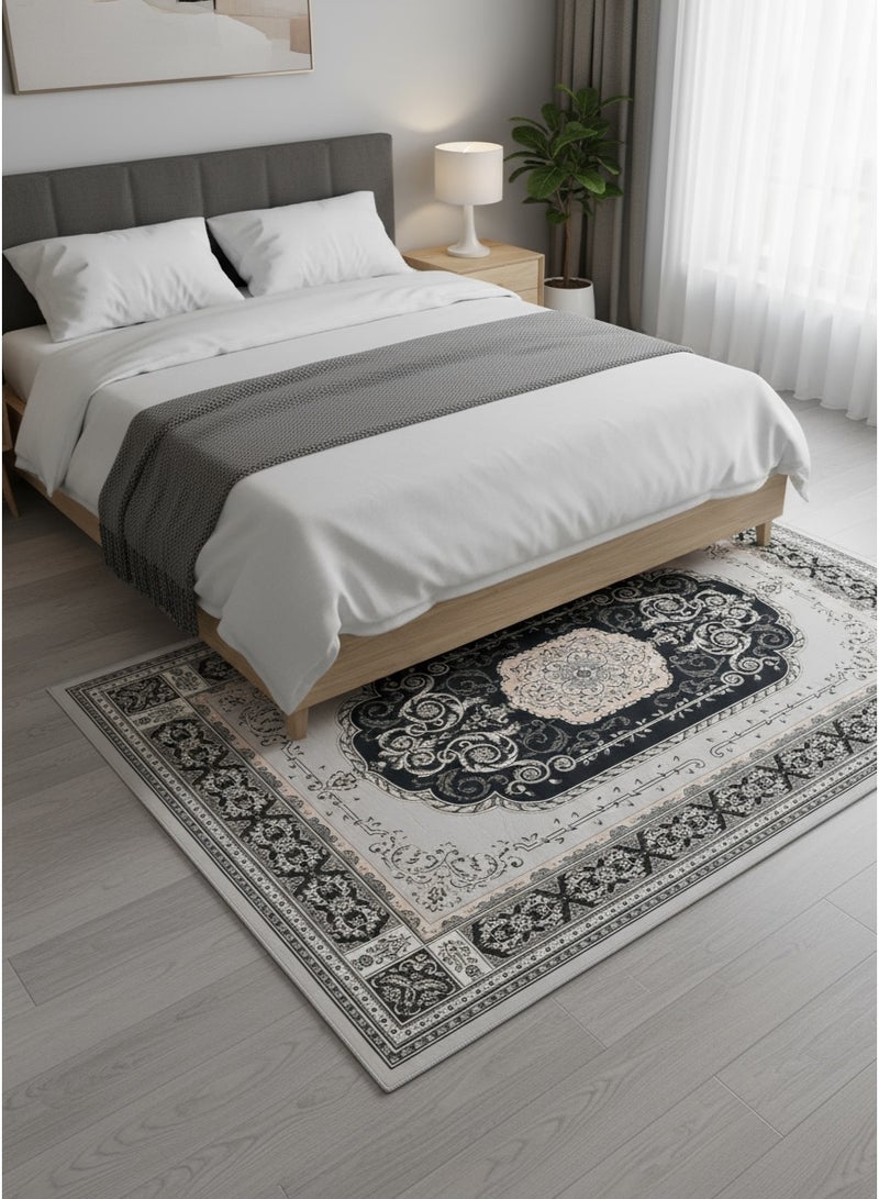 Noon East Carpet Rug with Anti- Slip backing | Persian Legacy Design  - Black | Size - 160x230 cm - 5x7.5 ft | For Medium Sized Family room, Bedroom with queen beds, 4-6 seater Dinning area, Entry hallways & Foyers - Image 2