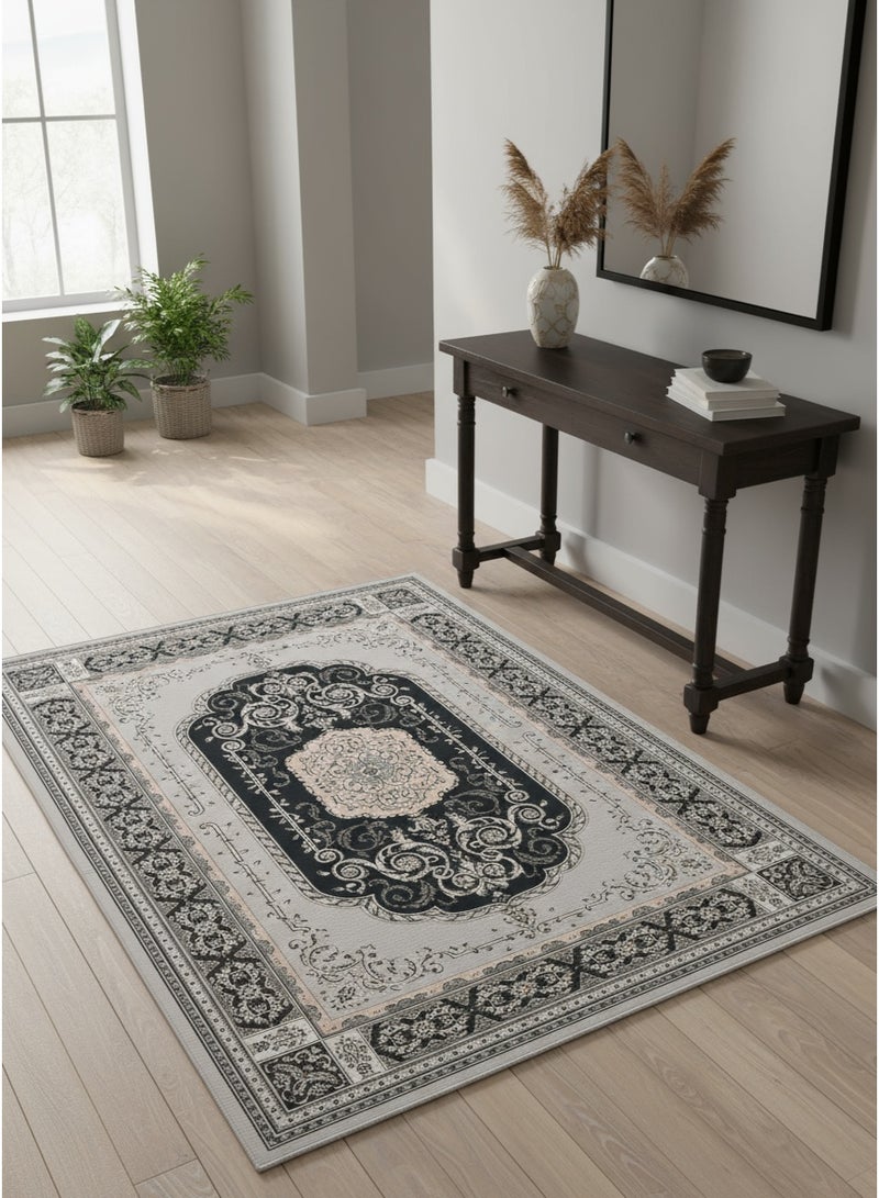 Noon East Carpet Rug with Anti- Slip backing | Persian Legacy Design  - Black | Size - 160x230 cm - 5x7.5 ft | For Medium Sized Family room, Bedroom with queen beds, 4-6 seater Dinning area, Entry hallways & Foyers - Image 1