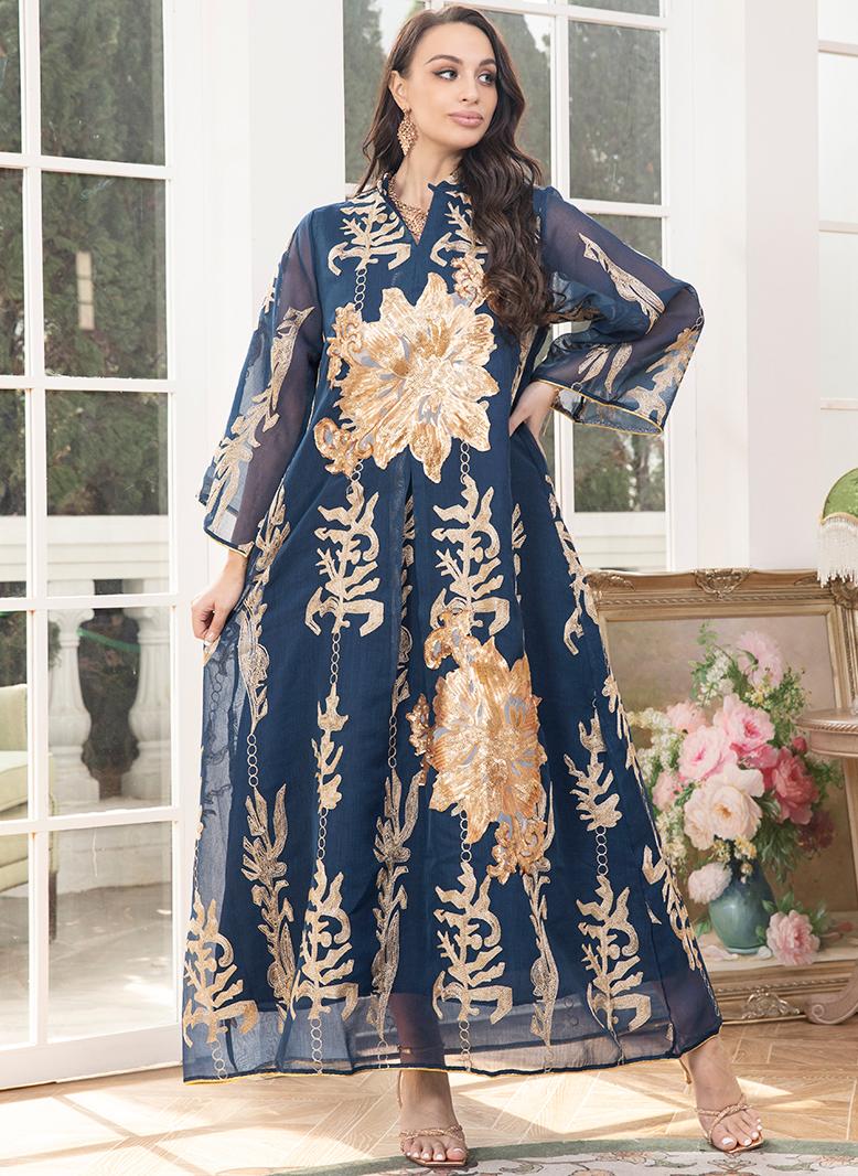 FridayIn Elegant style V-neck Color contrast Solid color Embroidery Pos-flower Regular sleeve Kaftan Blue - Image 1
