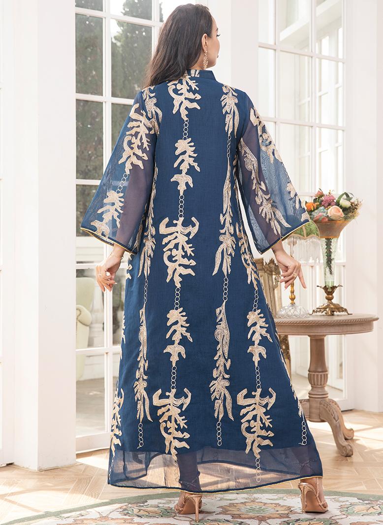 FridayIn Elegant style V-neck Color contrast Solid color Embroidery Pos-flower Regular sleeve Kaftan Blue - Image 2