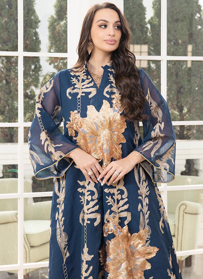 FridayIn Elegant style V-neck Color contrast Solid color Embroidery Pos-flower Regular sleeve Kaftan Blue - Image 3