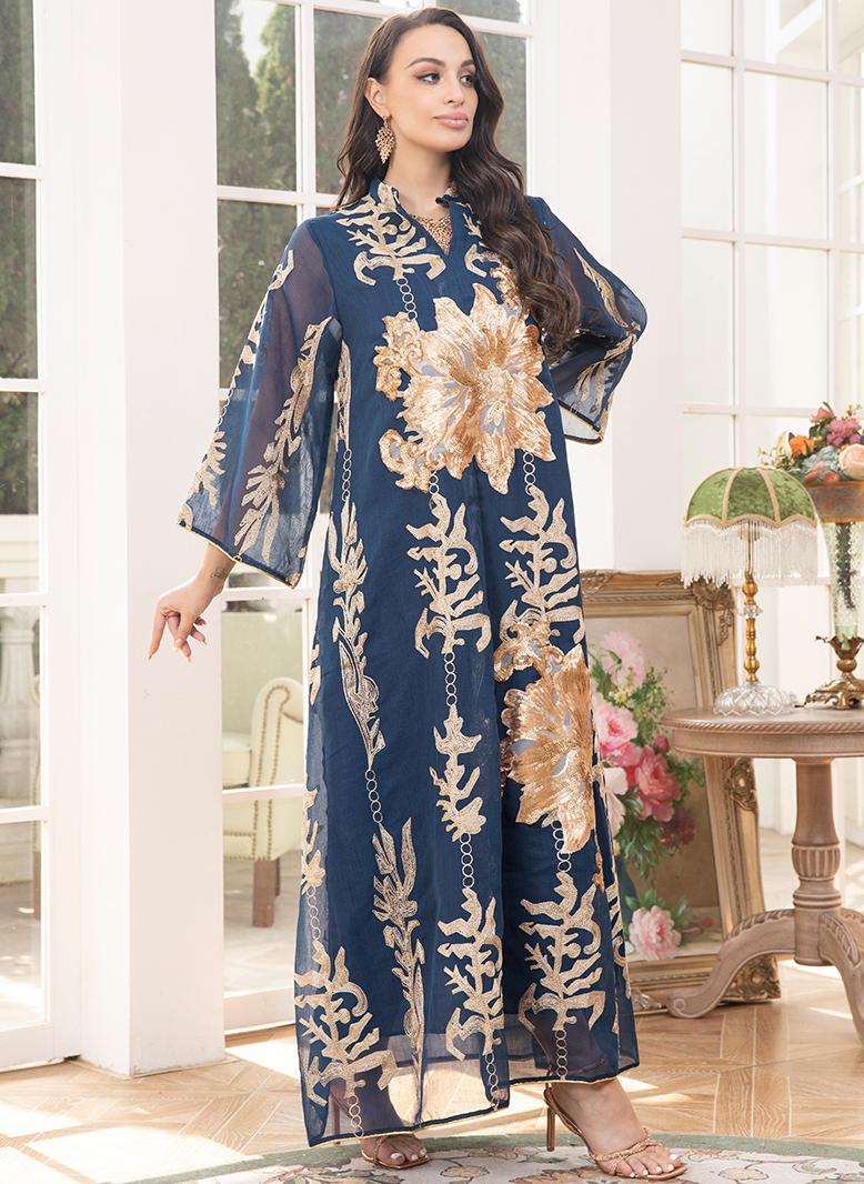 FridayIn Elegant style V-neck Color contrast Solid color Embroidery Pos-flower Regular sleeve Kaftan Blue - Image 4