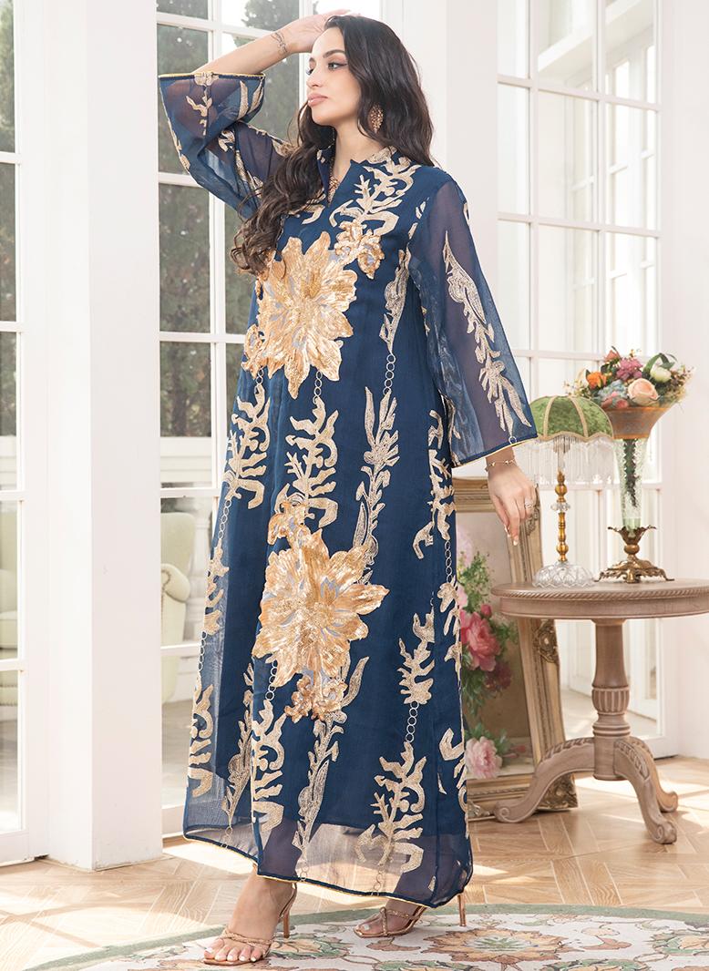 FridayIn Elegant style V-neck Color contrast Solid color Embroidery Pos-flower Regular sleeve Kaftan Blue - Image 5
