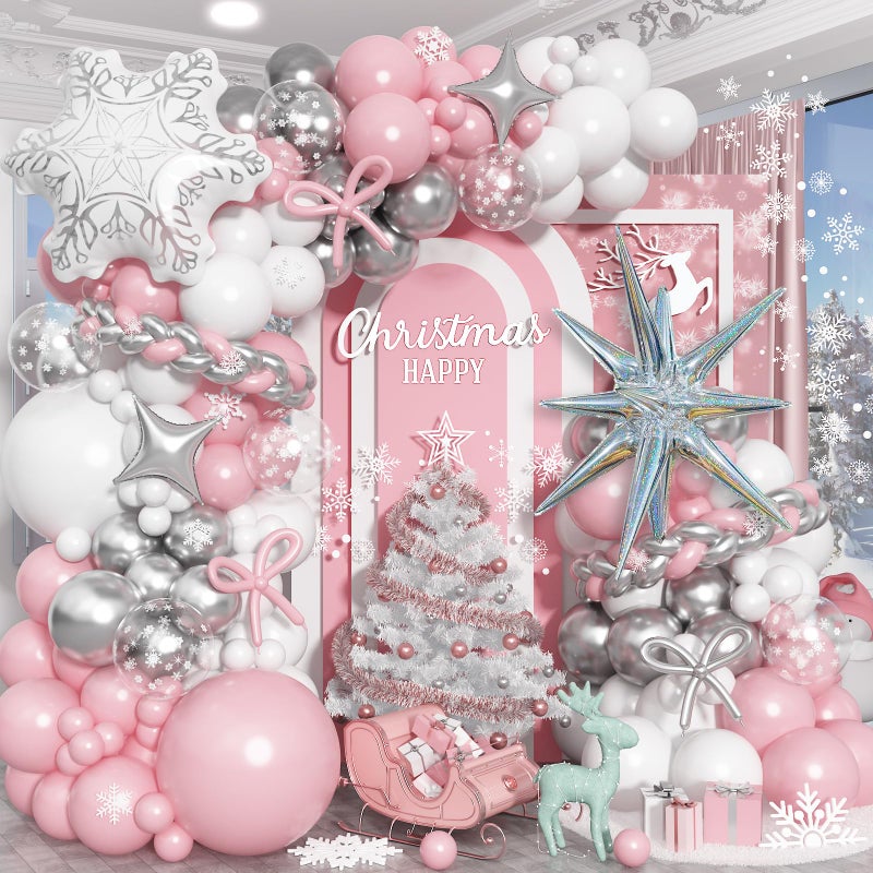 Paeyeq Pink Winter Wonderland Balloon Arch Garland Kit, Pink White Metallic Silver Balloons with Snowflake Star Foil Balloons for Winter Christmas Baby Its Cold Outside Baby Shower Birthday Party Decorations - Image 1