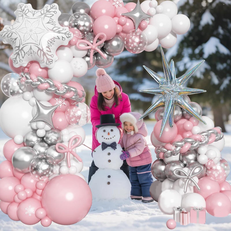 Paeyeq Pink Winter Wonderland Balloon Arch Garland Kit, Pink White Metallic Silver Balloons with Snowflake Star Foil Balloons for Winter Christmas Baby Its Cold Outside Baby Shower Birthday Party Decorations - Image 3