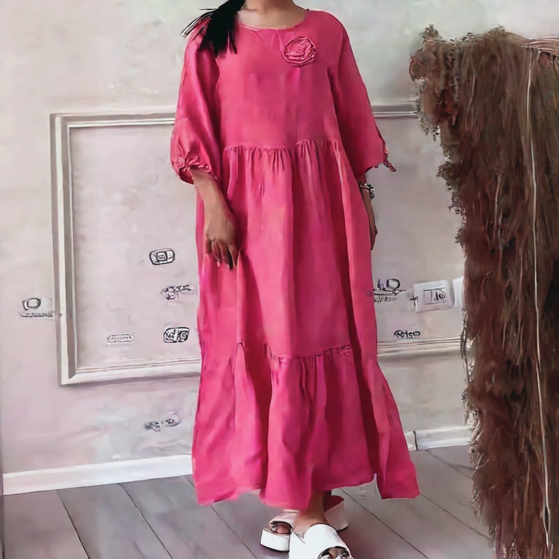 Women's Casual Long Sleeve Drawstring Back Tie Dress with Shirring Detail - Image 3