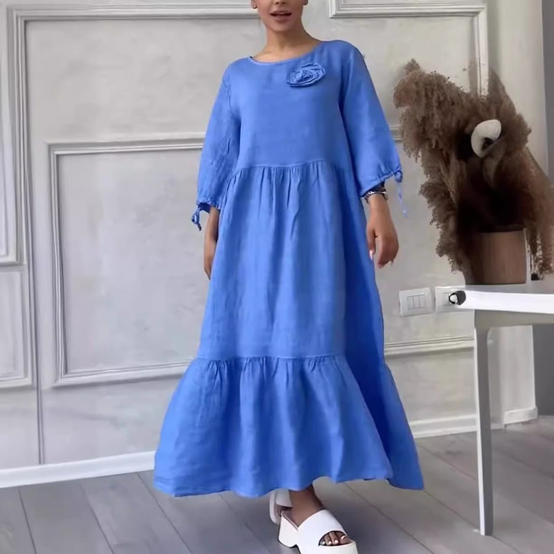 Women's Casual Long Sleeve Drawstring Back Tie Dress with Shirring Detail - Image 2