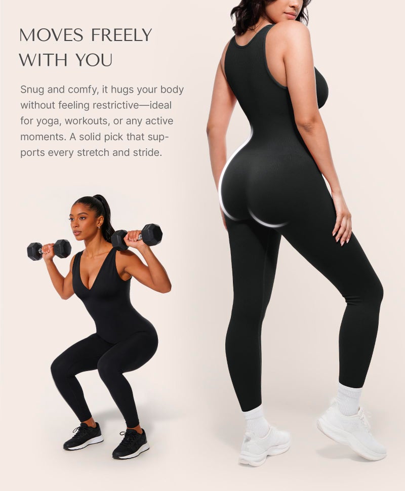 SHAPELLX Yoga Compression Jumpsuits for Women One Piece Workout Outfits Ribbed Gym Bodycon Pants Romper (Black X-Large) - Image 4