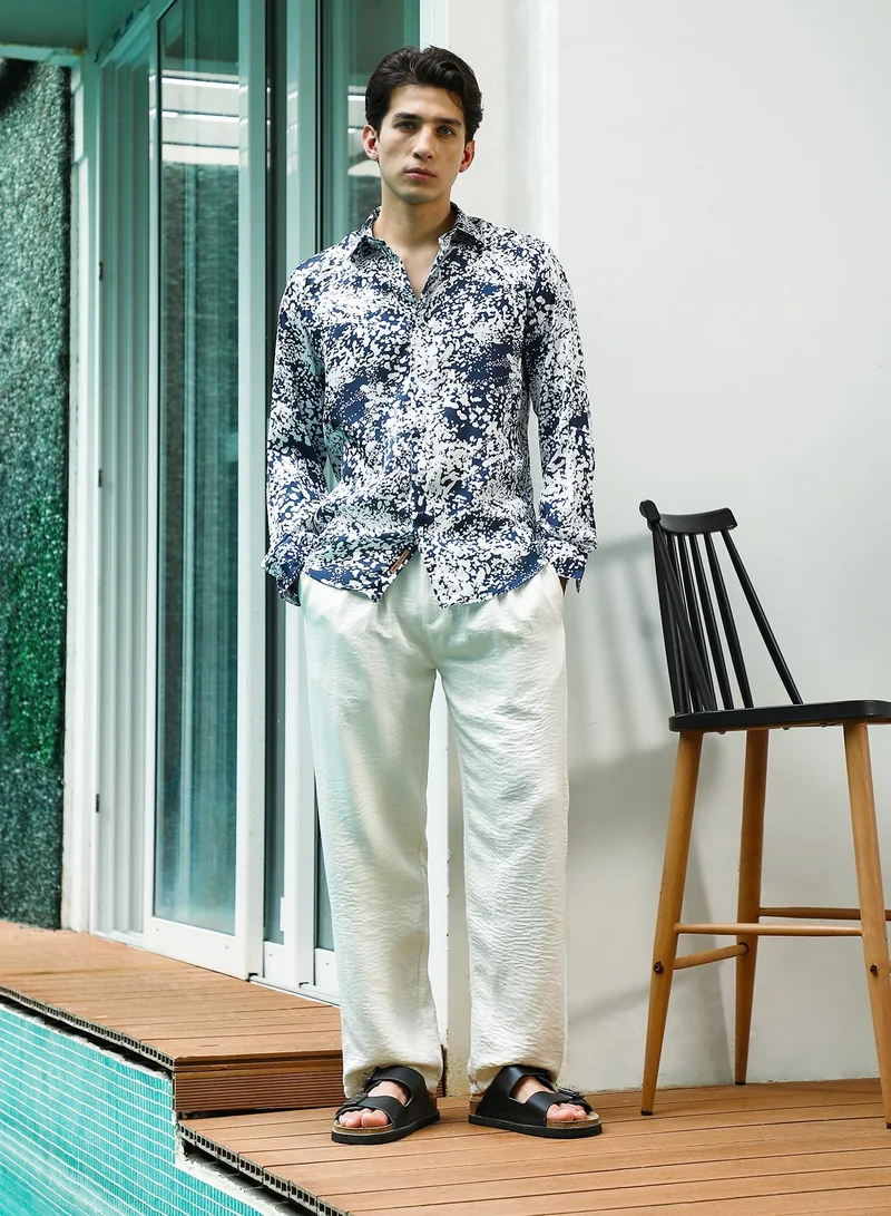 Campus Sutra Men's Navy Blue and White Abstract Pattern Rayon Shirt