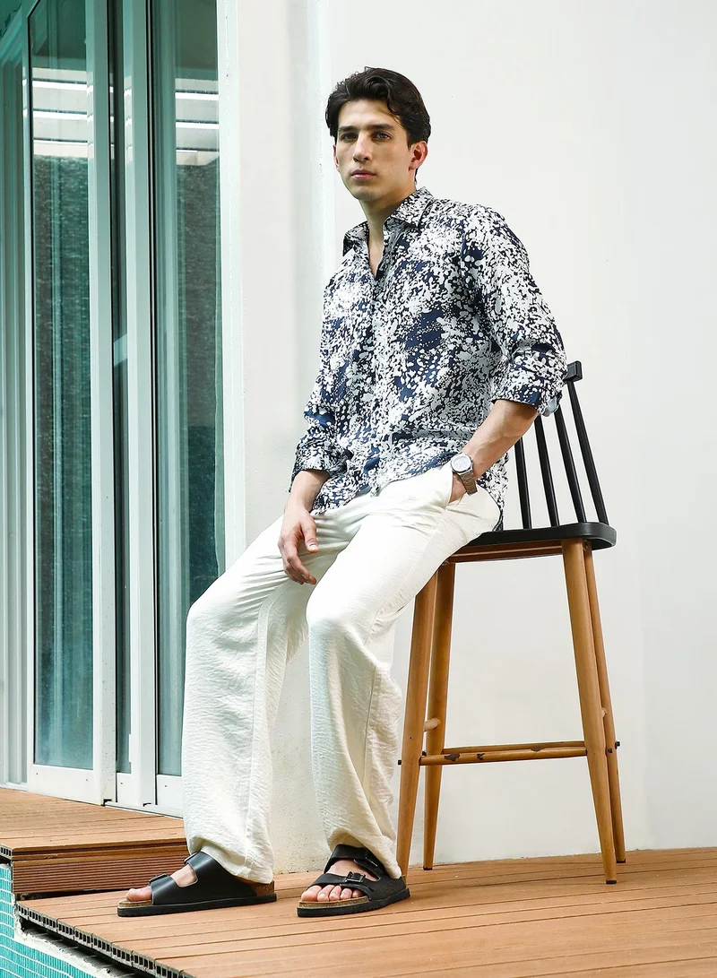Campus Sutra Men's Navy Blue and White Abstract Pattern Rayon Shirt