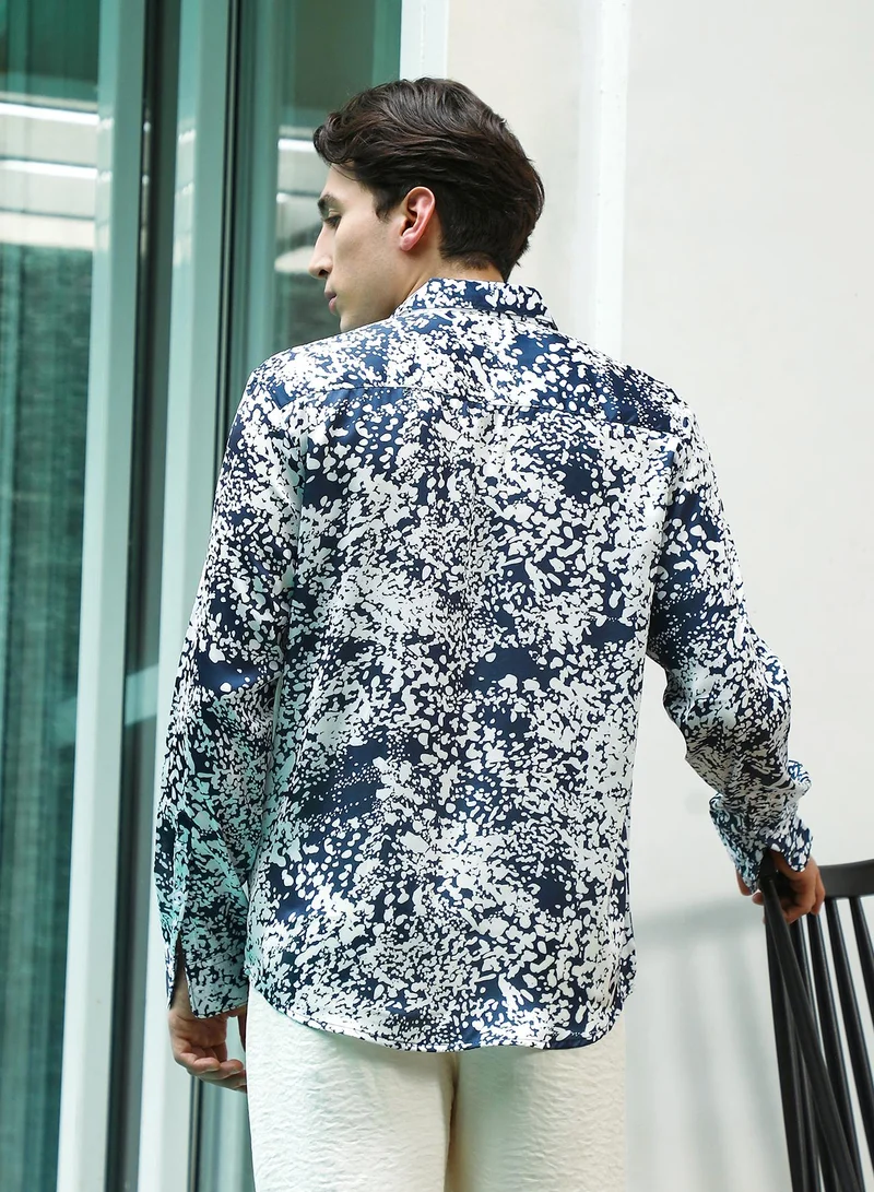 Campus Sutra Men's Navy Blue and White Abstract Pattern Rayon Shirt