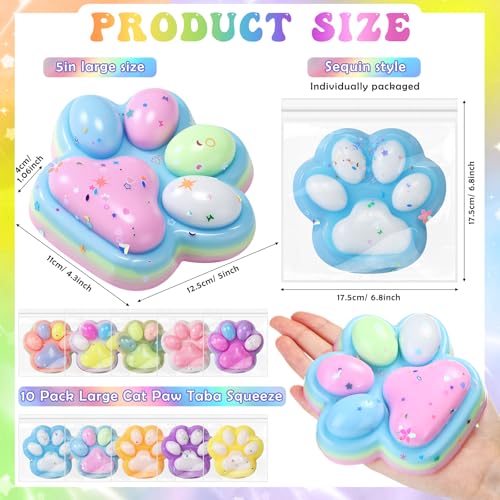 Arrowbash 10 Pack 5 Inch Giant Cat Paw Taba Squeeze Big Cat Paw Squeeze Colorful Large Taba Soft Silicone Handmade Stretchable Springy Gifts for Adult Office Stress Relief Birthday Novelty Sequin - Image 5