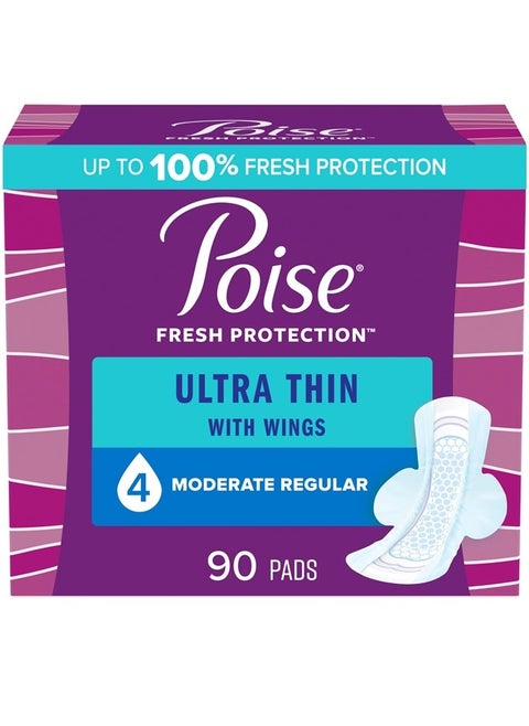 Ultra Thin Incontinence Pads with Wings & Postpartum Incontinence Pads, 4 Drop Moderate Absorbency, Regular Length, 90 Count (Pack of 3), Packaging May Vary