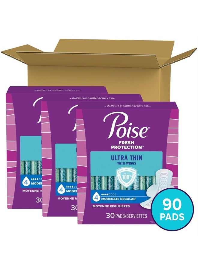Ultra Thin Incontinence Pads with Wings & Postpartum Incontinence Pads, 4 Drop Moderate Absorbency, Regular Length, 90 Count (Pack of 3), Packaging May Vary