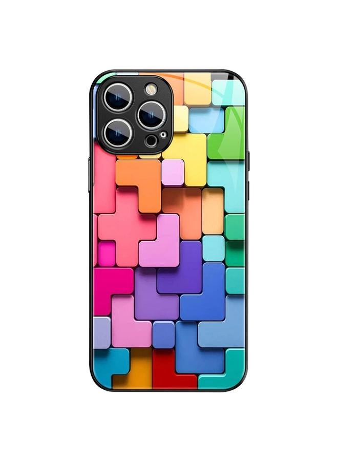 زبون جراب لهاتف iPhone 12 Pro بنمط مكعبات ألعاب ملونة، جراب هاتف زجاجي مقاوم للصدمات - Image 1