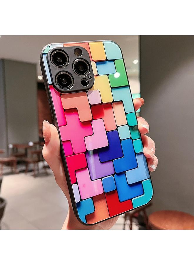 زبون جراب لهاتف iPhone 12 Pro بنمط مكعبات ألعاب ملونة، جراب هاتف زجاجي مقاوم للصدمات - Image 2