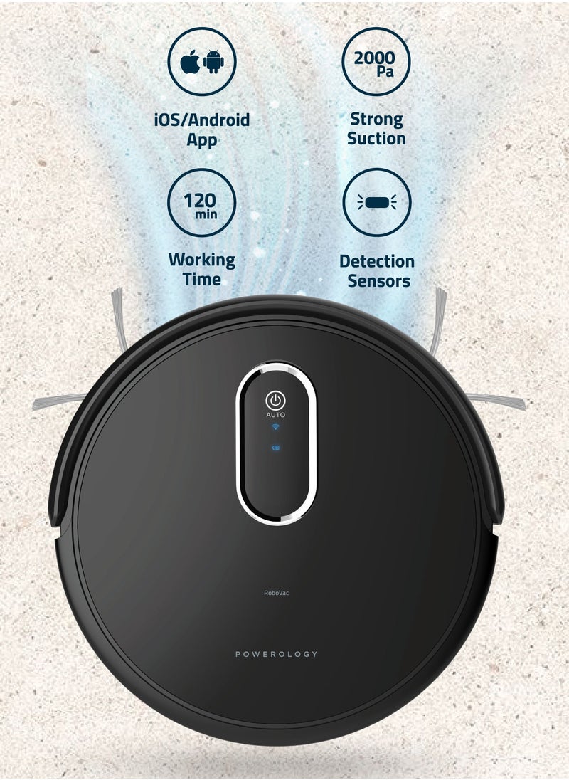 Powerology - 2600mAh Smart Robotic Vacuum Cleaner 20W, Re-Washable HEPA Filter, 2000Pa Strong Suction, 2H Working Time, 500ml Bin Capacity Alexa And Assistant Voice Command - Black - Image 1