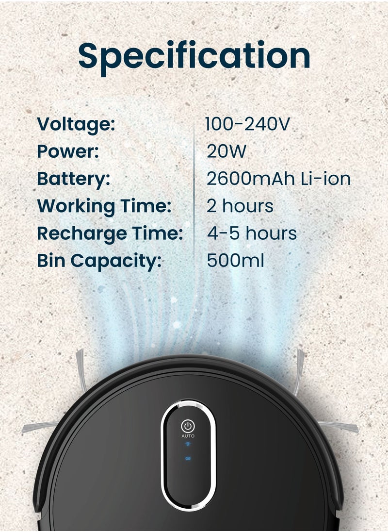 Powerology - 2600mAh Smart Robotic Vacuum Cleaner 20W, Re-Washable HEPA Filter, 2000Pa Strong Suction, 2H Working Time, 500ml Bin Capacity Alexa And Assistant Voice Command - Black - Image 1