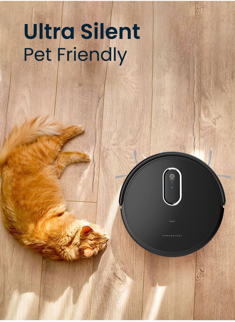 Powerology - 2600mAh Smart Robotic Vacuum Cleaner 20W, Re-Washable HEPA Filter, 2000Pa Strong Suction, 2H Working Time, 500ml Bin Capacity Alexa And Assistant Voice Command - Black - Image 1