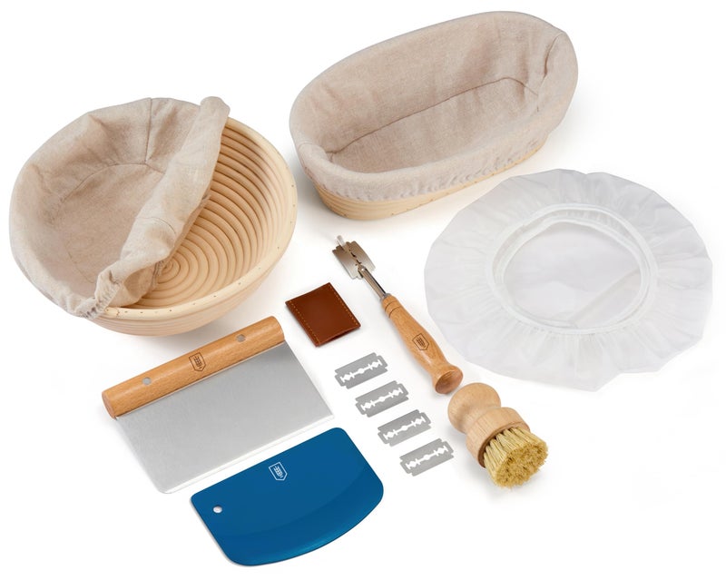 Kook Banneton Bread Proofing Set, Artisan Sourdough Bread Making Kit with Round & Oval Rattan Baskets, Liners, Dough Scrapers, Scoring Lame + Blades, Brush & Dough Cover (Set of 2) - Image 1