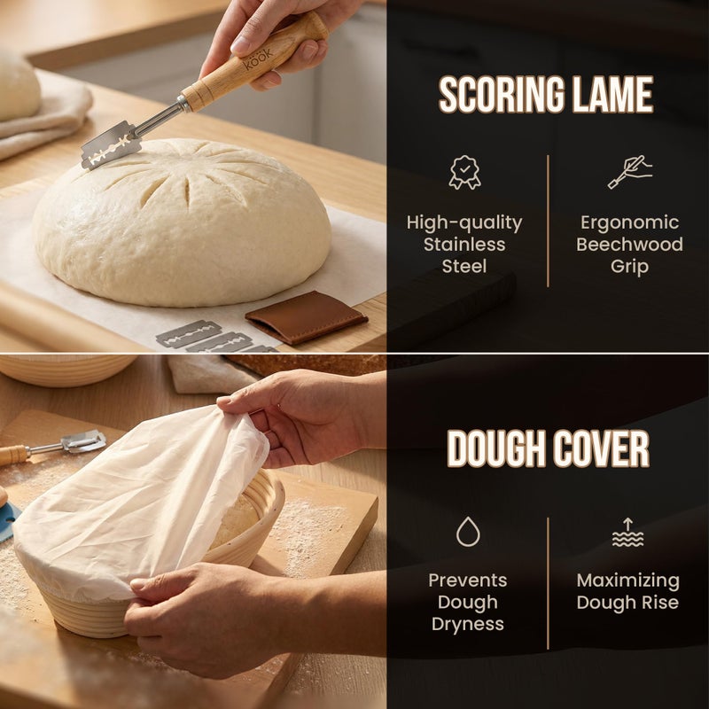 Kook Banneton Bread Proofing Set, Artisan Sourdough Bread Making Kit with Round & Oval Rattan Baskets, Liners, Dough Scrapers, Scoring Lame + Blades, Brush & Dough Cover (Set of 2) - Image 5