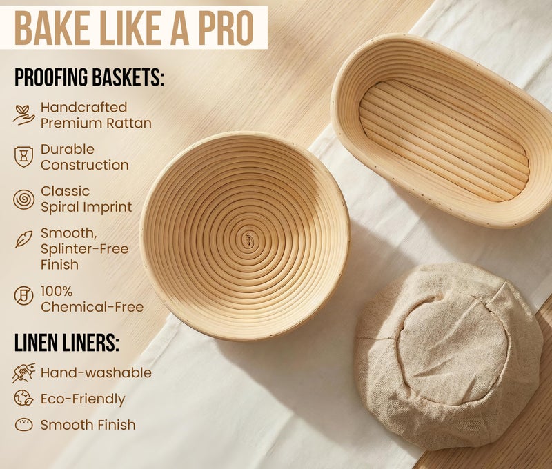 Kook Banneton Bread Proofing Set, Artisan Sourdough Bread Making Kit with Round & Oval Rattan Baskets, Liners, Dough Scrapers, Scoring Lame + Blades, Brush & Dough Cover (Set of 2) - Image 3