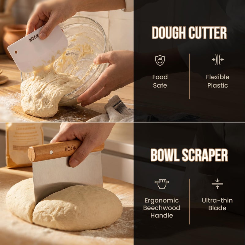 Kook Banneton Bread Proofing Set, Artisan Sourdough Bread Making Kit with Round & Oval Rattan Baskets, Liners, Dough Scrapers, Scoring Lame + Blades, Brush & Dough Cover (Set of 2) - Image 4