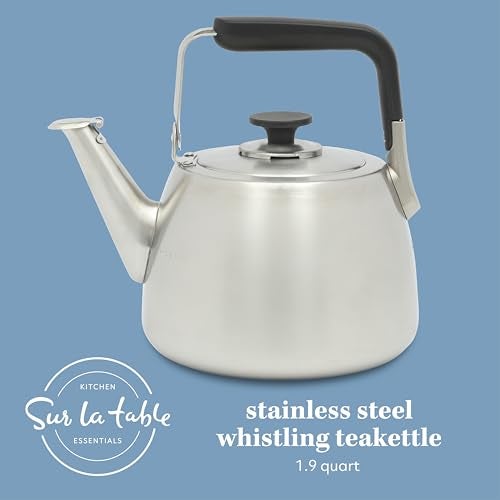 Sur La Table Kitchen Essentials 2 Qt Heavy Gauge Brushed Stainless Steel Whistling Tea Kettle – Durable Stovetop Kettle - Image 2