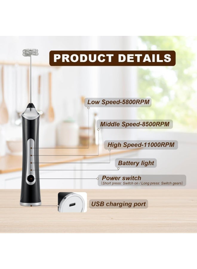 MORTICO Rechargeable Handheld Milk Frother, 3 Variable Speeds, 3 Whisks and Storage Box, Electric Drink Mixer for Latte, Cappuccino, Hot Chocolate, Eggs and Protein Powder, Black - Image 4